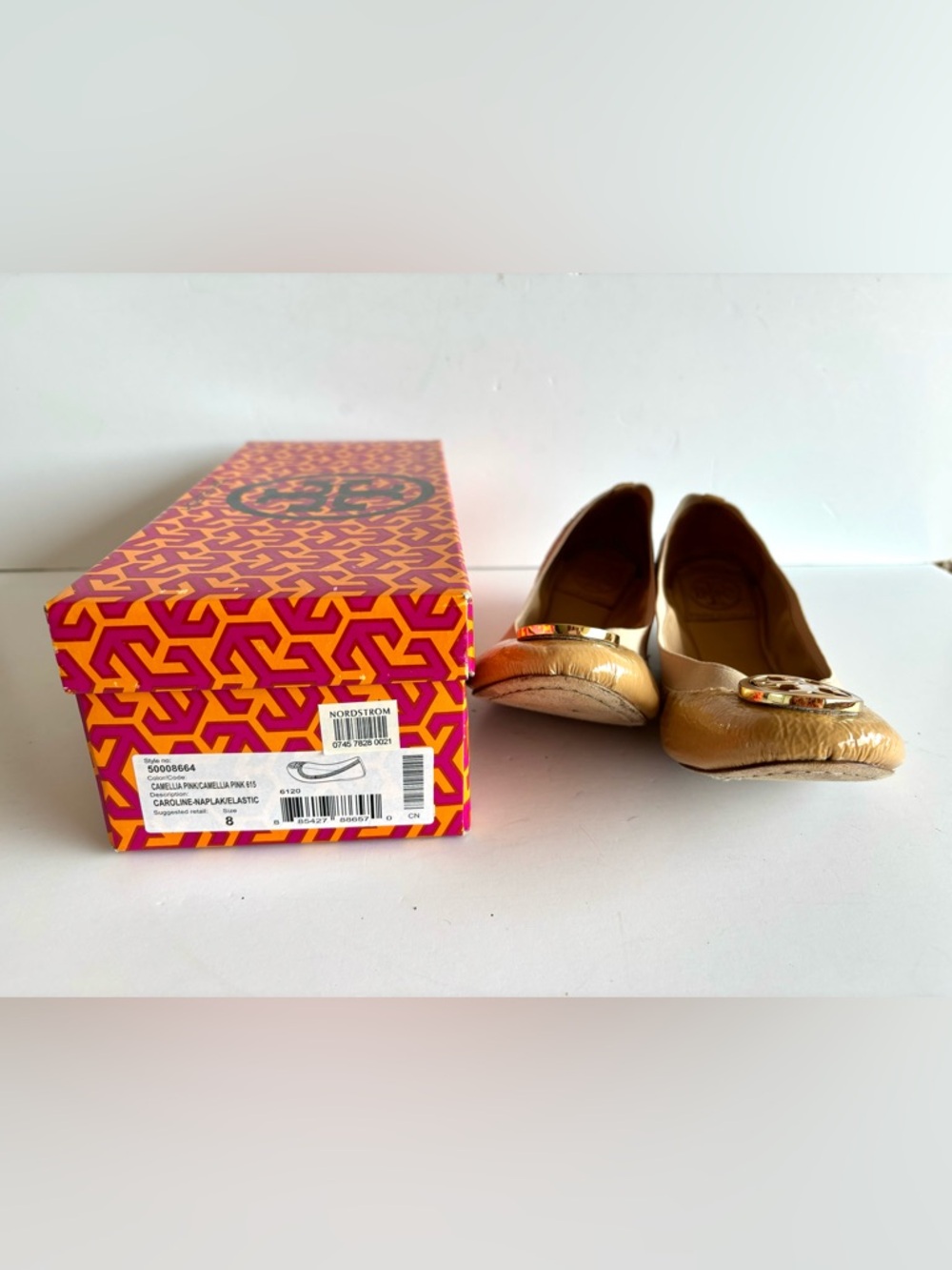 TORY BURCH Caroline nude patent leather logo toe detail ballet flats 8 - Picture 7 of 7
